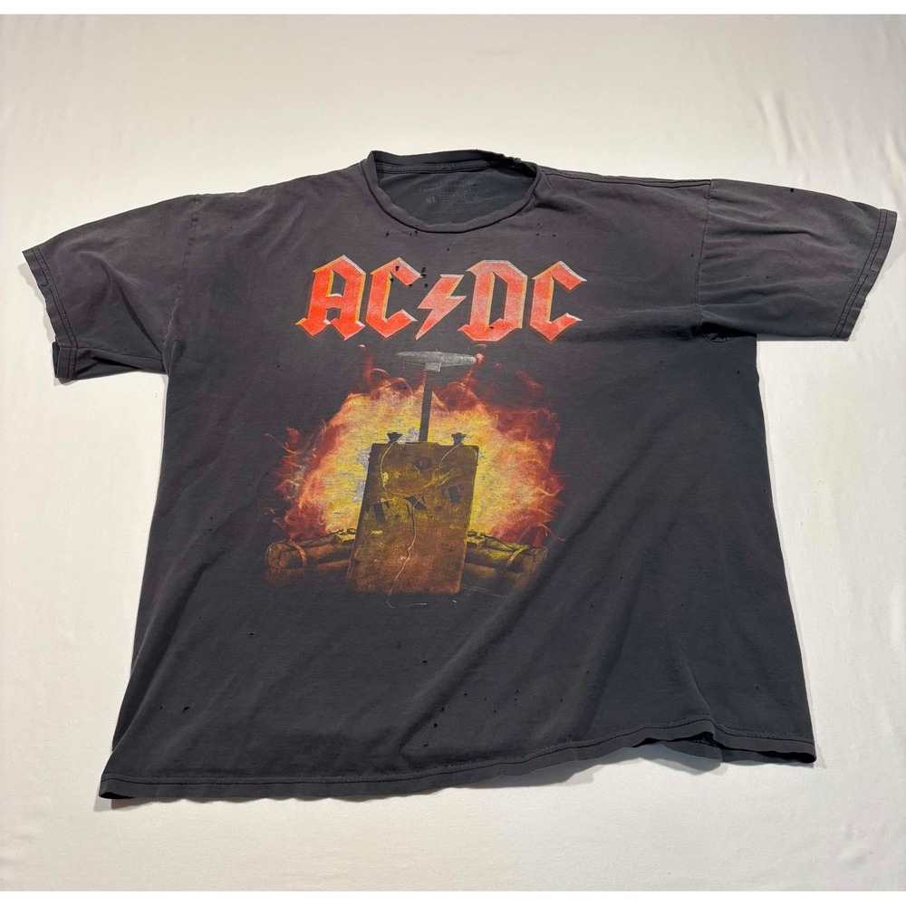 AC/DC TNT Graphic T-Shirt Mens XL Distressed Charcoal Grey Rock Band Tee